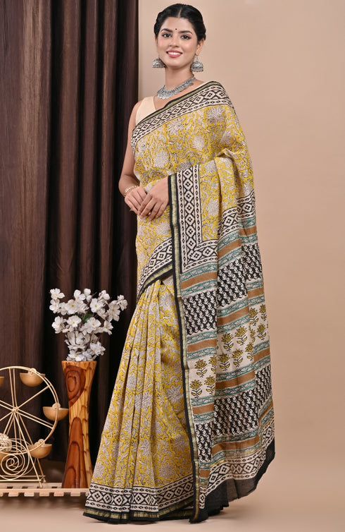 Floral Jaal Bagru Print Chanderi Silk Saree (CHSAR31)